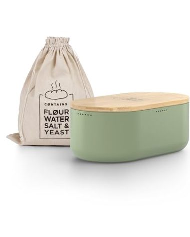 LARS NYSØM Bread Box I Metal Box with linen bag for long lasting freshness I Bread Bin with bamboo lid usable as cutting board I 14.2x7.5x5.1 In (Sage Green)