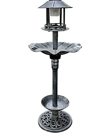 BTEXPERT Outdoor Solar Garden 43" Bird Bath Vintage Stone Gray Lighted Pedestal Fountain Flower Birdbath Planter Accents Decoration Yard Statue Feeder, Decorative Cage, Fillable Stand Polyresin