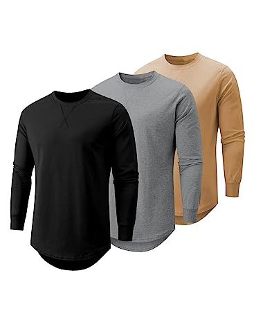 JMIERR Men's 3 Pack Cotton Hipster Hip Hop Longline Crewneck Long Sleeve T-Shirt, T Shirts for Men Pack, US 52(3XL), Black/Dark Gray/Khaki