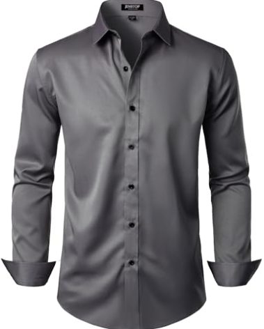 JEMITOP Men's Stretch Wrinkle Free Dress Shirts Formal Wedding Prom Long Sleeve Button Down Shirt Dark Grey XXXL