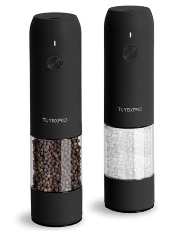 Electric Salt and Pepper Grinder Set, USB Rechargeable, Automatic Salt and Pepper Mill Grinder with Adjustable Coarseness, Electric Salt Shakers, LED Light, Refillable (2 Packs, Black)