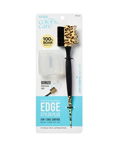 KISS Colors & Care 3-in-1 Professional Edge Styler Plus with Case - Slip-Free Rubber Grip, 100% Boar Bristles, Fine Tooth Comb, Pin Tail Tool, & Protective Case, Versatile & Ultra-Functional, Smooth & Sleek Styling