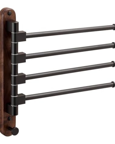 Swivel Towel Rack, Thicken Black Walnut Wood Upgraded Aluminum 4-Arm Towel Bar, Space Saving Wall Mounted Towel Holder with Hook, Rustproof Swing Out Towel Hanger for Bathroom, Kitchen (4-Arm)