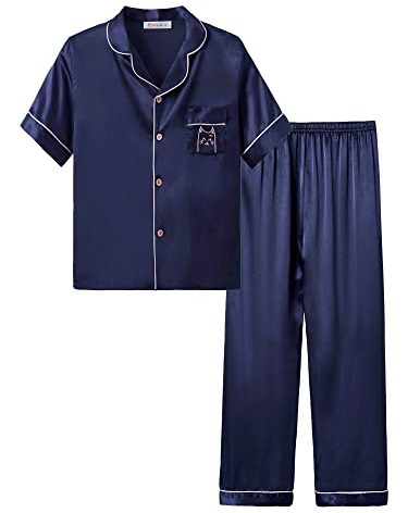 Topgal Cat Pajamas for Girls – Satin Silky Button Up Cute Coat Style Pyjama Size 12 Navy