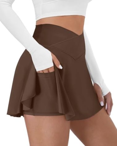 DLOODA Tennis Skirt for Women with Pockets Shorts Crossover High Waisted Athletic Golf Skorts Running Workout Skirts 2 in 1 Brown