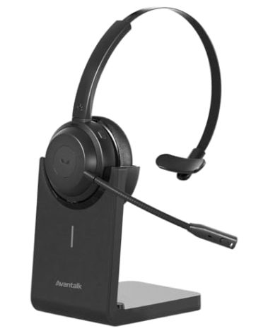 Avantalk Alto Solo - Wireless Headset with Mic for Work with Qualcomm Bluetooth Solution, CVC Noise-Canceling for PC, Computer & Laptop, Charging Stand, Mute Button, Wired Headphones Option