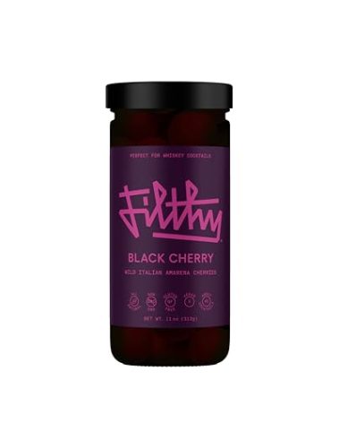 Filthy Cocktail Amarena Black Cherries, Premium Cocktail Garnish, All Natural Wild Italian Amarena Black Cherry, Non-GMO, Gluten Free, Vegan, Slow-Cooked, 11 Oz Jar, 45 Cherries
