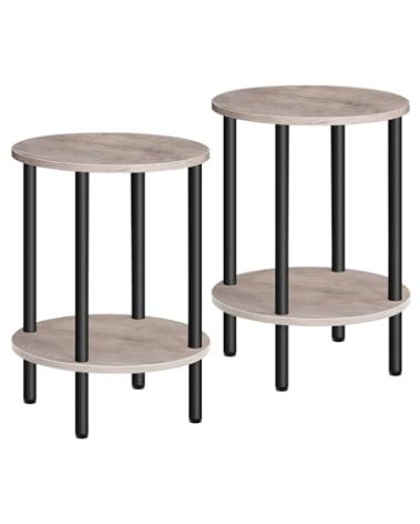 CHOEZON Side Table Set of 2, Round End Table, 2-Tier Small Nightstand with Sturdy Metal Tube, Industrial Coffee Table, for Living Room, Bedroom, Greige and Black TBZ01P2BG