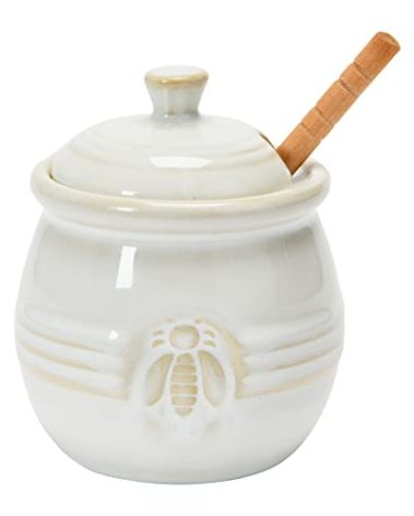 Creative Co-Op Farmhouse Embossed Stoneware Honey Pot with Wood Honey Dipper, White