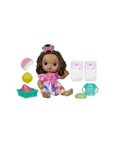 Baby Alive Fruity Sips Doll, Lemon, Toys for 3 Year Old Girls, 12-inch Baby Doll Set, Drinks & Wets, Pretend Juicer, Kids 3 and Up, Brown Hair