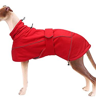 Greyhound Lurcher Winter Coat, Whippet Warm Coat with Fleece, Water Resistant Dog Jacket with Adjustable Bands and Zipper Harness Hole - Red - XXLarge