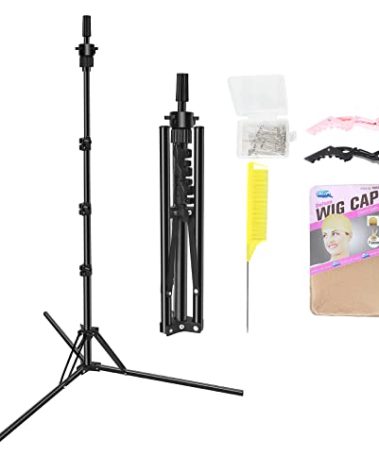 LNASI Mannequin Head Stand, Upgrade Foldable Wig Stand Tripod for Cosmetology Hairdressing Training, Metal Adjustable Wig Head Stand with Wig Caps, T-Pins, Comb, Hair Clips
