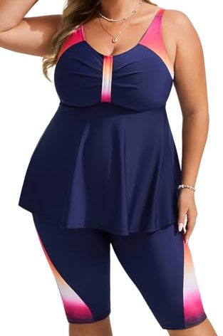 Hanna Nikole Women Plus Size Tankini Swimsuit Two Piece Tummy Control Bathing Suits for Women with Boyshorts Navy&Pink Gradient 3X