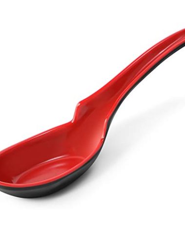 12 PACK Asian Soup Spoons, Rice Spoons, Melamine Chinese Won Ton Soup Spoon For soba, pho, ramen, Noodle, Korean Style Large Spoon with Long Handle- Notch and Hook Style, Red ＆ Black