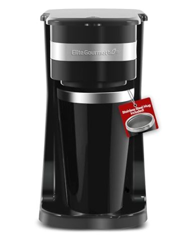 Elite Gourmet EHC113 Personal Single-Serve Compact Coffee Maker Brewer Includes 14Oz. Stainless Steel Interior Thermal Travel Mug, Compatible with Coffee Grounds, Reusable Filter, Black
