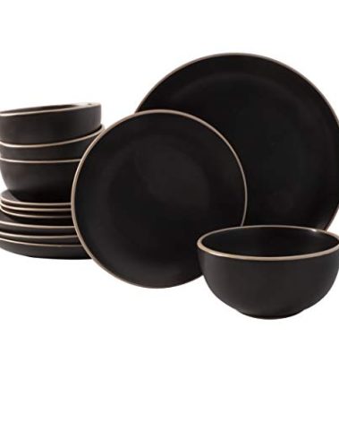 Gibson Home Rockaway 12-Piece Stoneware Dinnerware Set, Service for 4 – Modern Round Plates and Bowls, Dishwasher & Microwave Safe, Black