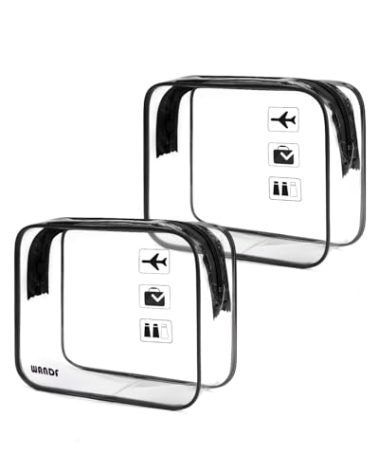 WANDF TSA Approved Toiletry Bag, 2 Packs Travel Clear Toiletry Bag, Quart Size Makeup Cosmetic Pouch with Zipper, Carry-On Airport Compliant Bag for Women and Men (2 pcs, Black)