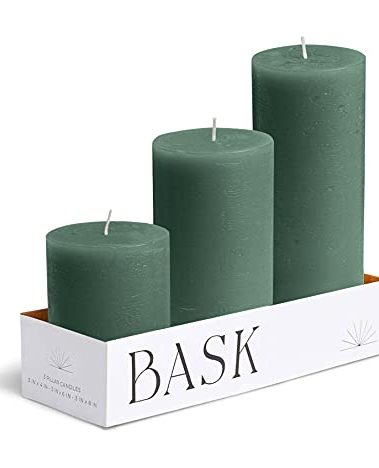 BASK Mottled Dark Green Pillar Candles - Unscented, Dripless, Smokeless Set of 3 for All Occasions