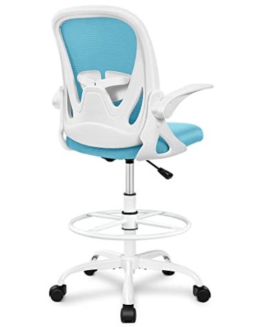 Primy Drafting Chair Tall Office Chair with Flip-up Armrests Executive Ergonomic Computer Standing Desk Chair with Lumbar Support and Adjustable Footrest Ring（Blue）