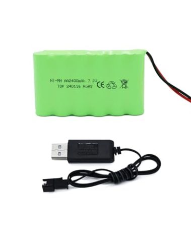 Tosiicop 7.2V 2400mAh NiMH Battery - RC Car Rechargeable Battery AA with SM-2P 2 Pin Plug and USB Charge Cable for RC Truck Car Boat High Speed Capacity Cars Vehicles Batteries
