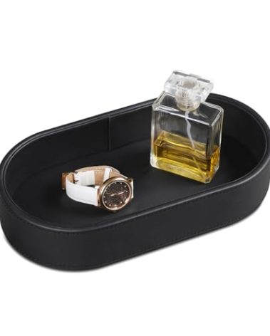 NICLNGSH Oval Desk Valet Tray, PU Leather Perfume Dish Bowl for Keys Wallet Watch, Decorative Trinket Vanity Jewelry Tray, Entryway Nightstand Organizer Women Men (Black)