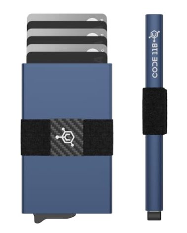 CODE 118 Wallet - Premium Automatic Smart Wallet, RFID Blocking, Pop Up Mens Minimalist Metal Wallet, 6061-T6 Aerospace-Grade Aluminum, Genuine 3K Carbon Fiber (Classic, Pacific Blue)