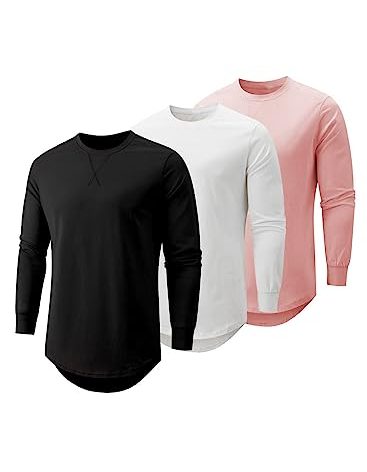 JMIERR Men's 3 Pack Cotton Hipster Hip Hop Longline Crewneck Long Sleeve T-Shirt, T Shirts for Men Pack, US 43(L), Black/White/Light Pink