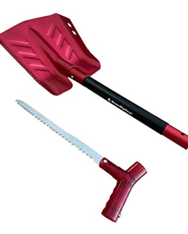 SnowBigDeal Emergency Snow Shovel with Saw - Converts from Dig to Chop/Hoe Mode Portable for Snowmobiles, Skiing, Backcountry, Avalanche Rescue Winter Survival Gear Car, Camping T6 Aluminum, Red