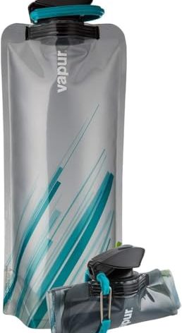 Vapur Collapsible Water Bottle With Carabiner, Compact Bottle Folds Flat For Hydration On The Go, Ideal for Traveling, Hiking or Camping, 34 Ounce, Grey & Teal, Pack of 1