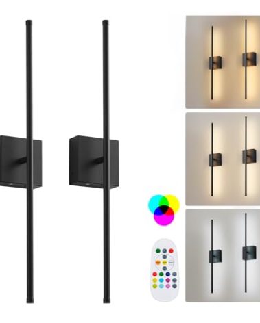 KARTOOSH Battery Operated Wireless Wall Sconces Set of Two, with Remote, Dimmable, Warm White/Natural White/Daylight/RGB, 350°Rotate, LED Black Wireless Wall Light for Living Room, Bedroom, 32.2 Inch