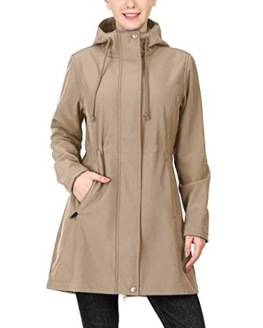 33,000ft Women's Softshell Long Jacket with Hood Fleece Lined Windproof Warm up Waterproof Windbreaker