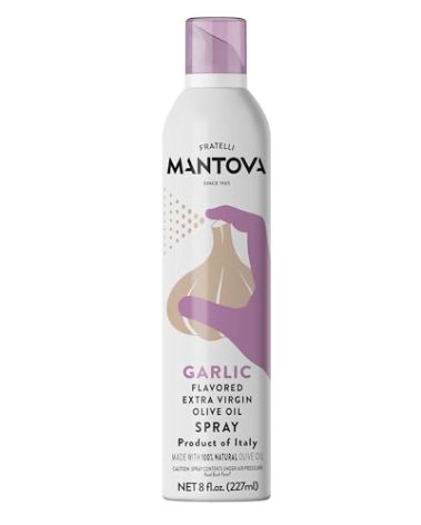 Mantova Extra Virgin Olive Oil Spray Garlic Flavored 8 oz. Spray Bottle - Manage Oil Amount - Great For Salads & Cooking