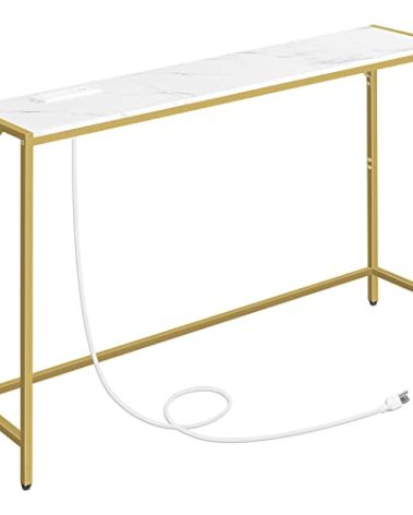 MAHANCRIS Console Table, Narrow Sofa Table, 43.3” Entrance Table with Power Station, Behind Couch Table, Simple Style, for Living Room, Hallway, Entryway, Foyer, Marble and Gold CTJM112E01