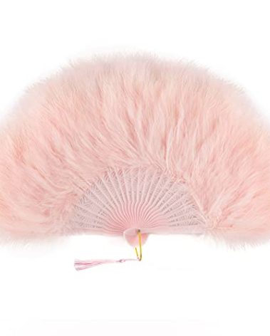 BABEYOND Marabou Feather Fan 20s Vintage Folding Fan Flapper Hand Fan for Costume Dancing Show Tea Party Wedding Decoration (Pink-Pink Rib)