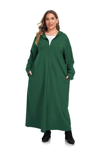 VintageClothing Women Hooded Zipper Robe Plus Size Long Zip Up Sweatshirt Robe Housecoat Loungewear Nightgown House Dress with Pockets, 4X