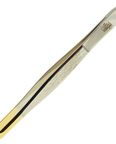 Camila Solingen CS29 3 1/2" Gold Tipped, Surgical Grade, German Stainless Steel Tweezers (Slanted) - Flawless Eyebrow and Facial Hair Shaping and Removal for Men/Women