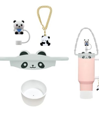 4Pcs Cup Accessories Set for Stanley Cup 30oz & 40oz Tumbler with Handle, Including Silicone Water Bottle Handle Strap, Cute Animal Straw Toppers Cap, Bottom Boot, Cute Stanley Charms (Grey-Panda)