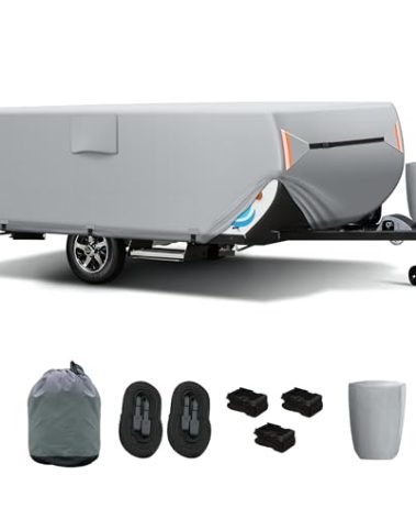 Pop Up Camper Cover 12'-14', Folding Camper Tent Trailer Cover，Extra-Thick Oxford PU Waterproof Anti-UV Pop-up Camper Cover with Windproof Straps