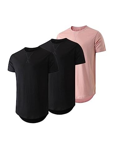 JMIERR Men's 3 Pack Cotton Hipster Hip Hop Longline Crewneck T-Shirt, Short Sleeve Gym Workout Athletic T Shirts for Men Pack,4XL, Black/Black/Pink