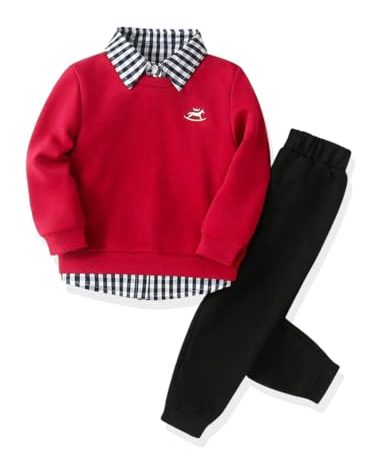 KIDLAGA Toddler Boy Clothes Long Sleeve Sweatshirt Tops and Pants Boys 2-Piece Kids Winter Outfits Red 6-7T