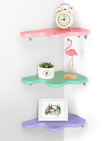 Menkxi Cute Wavy Corner Shelf Wall Mount, Set of 3 Wood Floating Cloud Corner Wall Shelves with Cord Hole Wall Danish Pastel for Bedroom Living Room Bathroom Kitchen