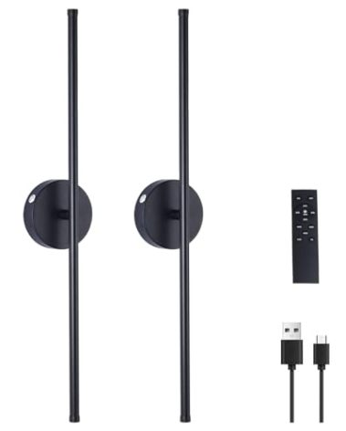 Battery Operated Wall Sconces Set of Two, USB Rechargeable Dimmable LED Wireless Wall Sconces with Remote Control, 360°Rotate,Timing,Black Wall Light for Living Room/Bedroom/Hallway, 28.3Inch