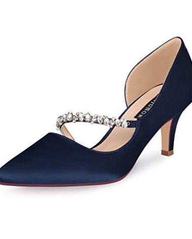 ERIJUNOR E0168A Women Mid Kitten Heels Closed Pointy Toe D’Orsay Pumps Wedding Party Shoes Navy Size 7