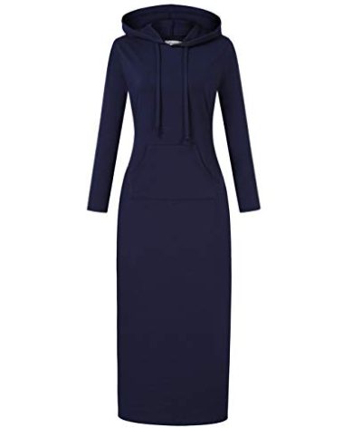 MISSKY Women's Casual Pocket Slim Pullover Maxi Hoodie Dress (M,Long Sleeve/Navy)