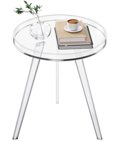 Dewrhiixe Clear Acrylic Side Table, Round End Table Nightstand Bedside Table Small Circle with Tray for Living Room Bedroom Office Small Space (Clear)