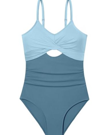 WIQI Girls Swimsuits Bathing Suits One Piece Swimsuit for Girls Twist Front Cutout Adjustable Straps Ruched Teen Swimwear Size 12-14 Light Blue