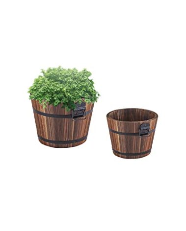 HAKKART Small Wooden Bucket Barrel Planters – 8 Inch 7 Inch Rustic Flower Planters Pots Boxes Container with Drainage Holes for Indoor Home Decor Small Plants, Brown Set of 2