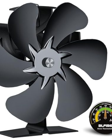 BLFIRE Wood Stove Fan Heat Powered | 6- Blade Thermoelectric Fireplace Fan | Eco Cocoon Fan Non Electric w/Stove Thermometer | Stove Accessories