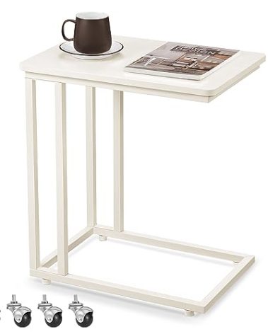 VASAGLE End Table, C Shaped TV Tray with Metal Frame Rolling Casters for Coffee Laptop Mobile Tablet, Industrial Side Table for Living Room Bedroom, 19.7 x 13.8 x 23.6 Inches, Cream White ULNT050W77