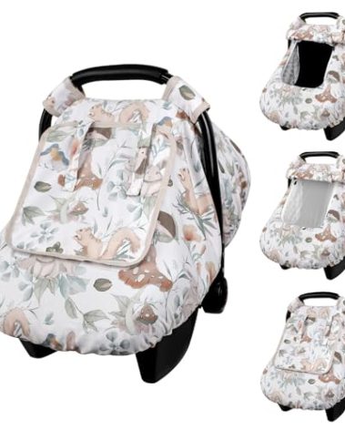 CARUILI Car Seat Cover Baby Girl Boy, Warm Winter Carseat Cover for Baby, Kick-Proof Infant Car Seat Cover with Peep Window, Windproof & Cozy, Gray Animals